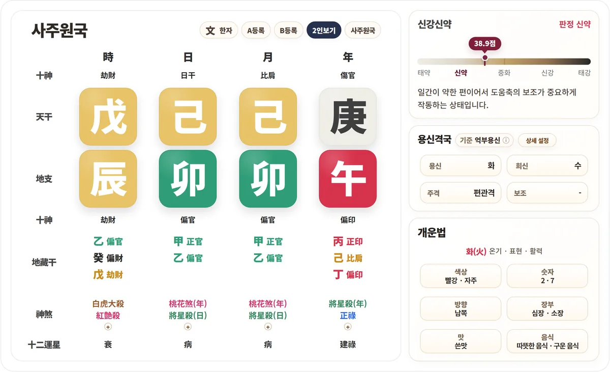 소담 만세력 한자 표기 화면 — 같은 사주를 天干·地支·十神·地藏干으로 보기
